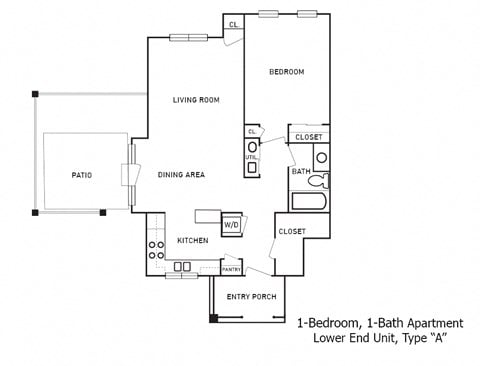 Floor plan for 1 bed, 1 bath, 500 sqft